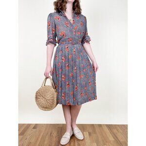 Vintage Floral Print Midi Dress Ruffle Pleated Puff Poof Sleeve Romantic Dainty